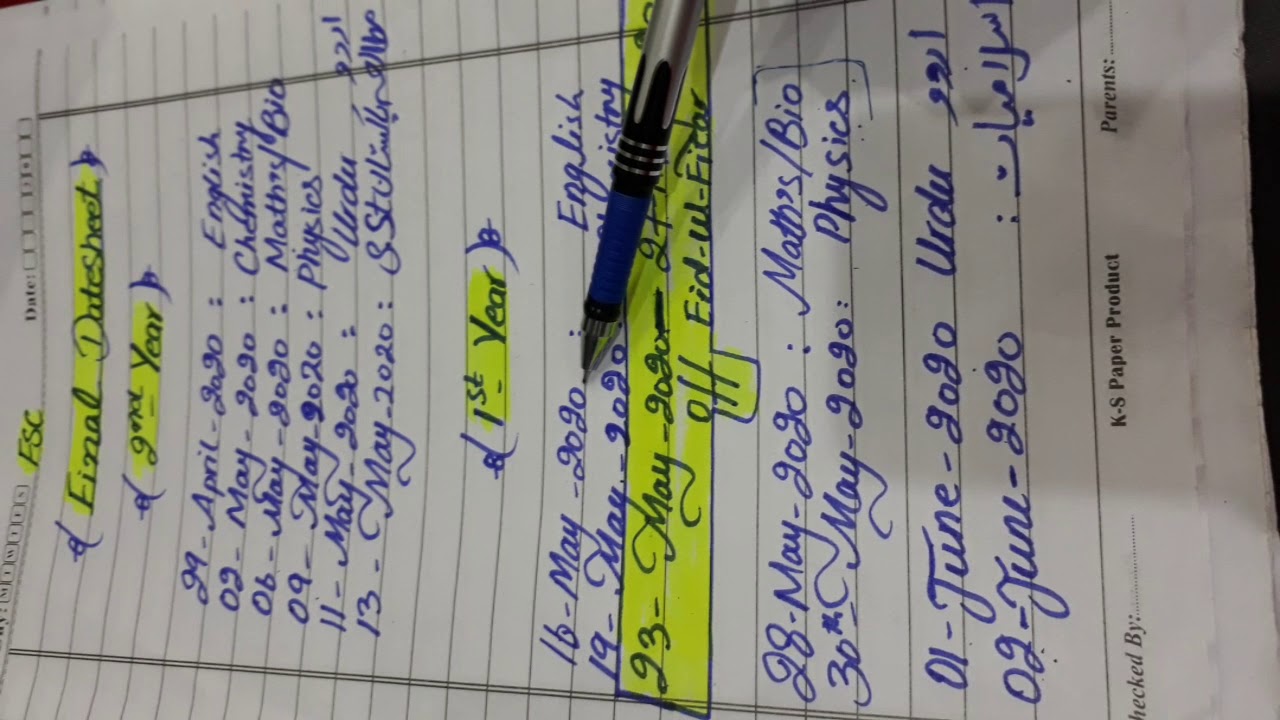 Fsc Date sheet2020 .Fsc pree engineering And Fsc Pree medical Datesheet 2020
