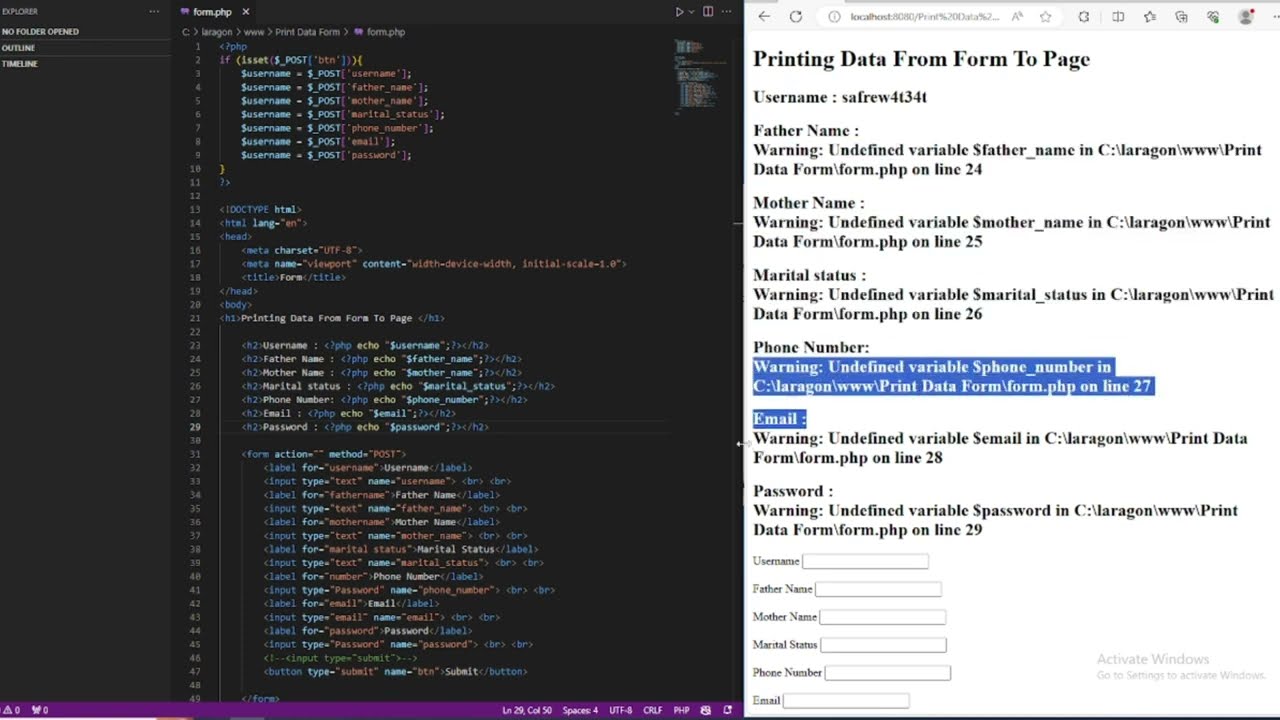 How to print FORM Data in another page in php?