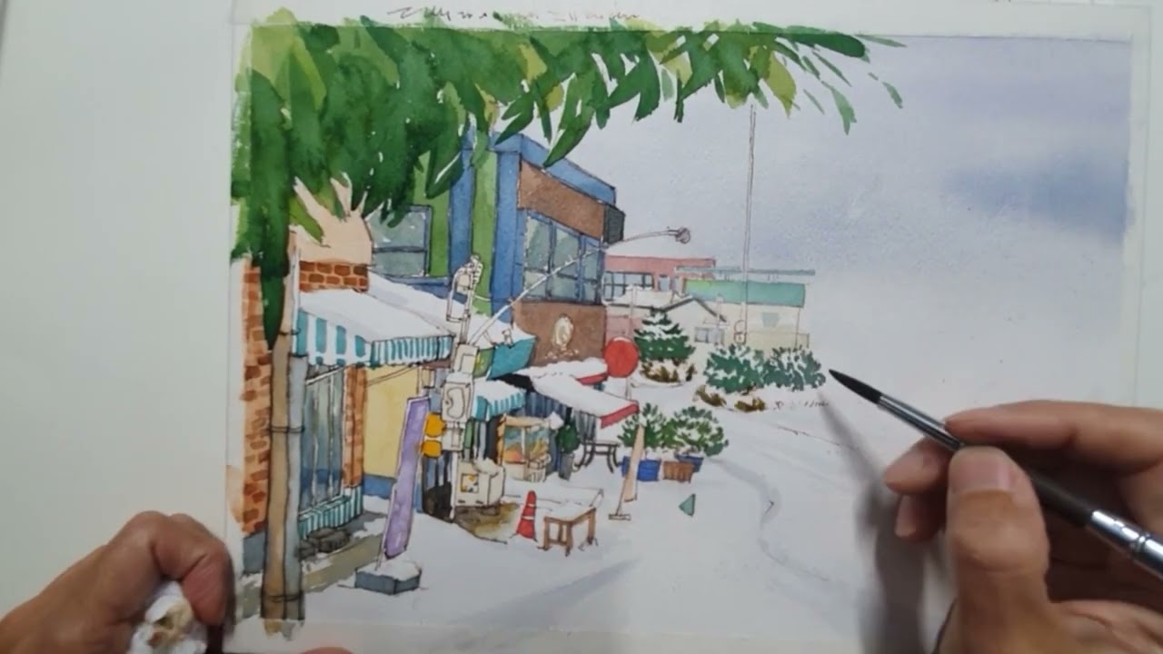 어반스케치---눈오는 구도심 그려보기
