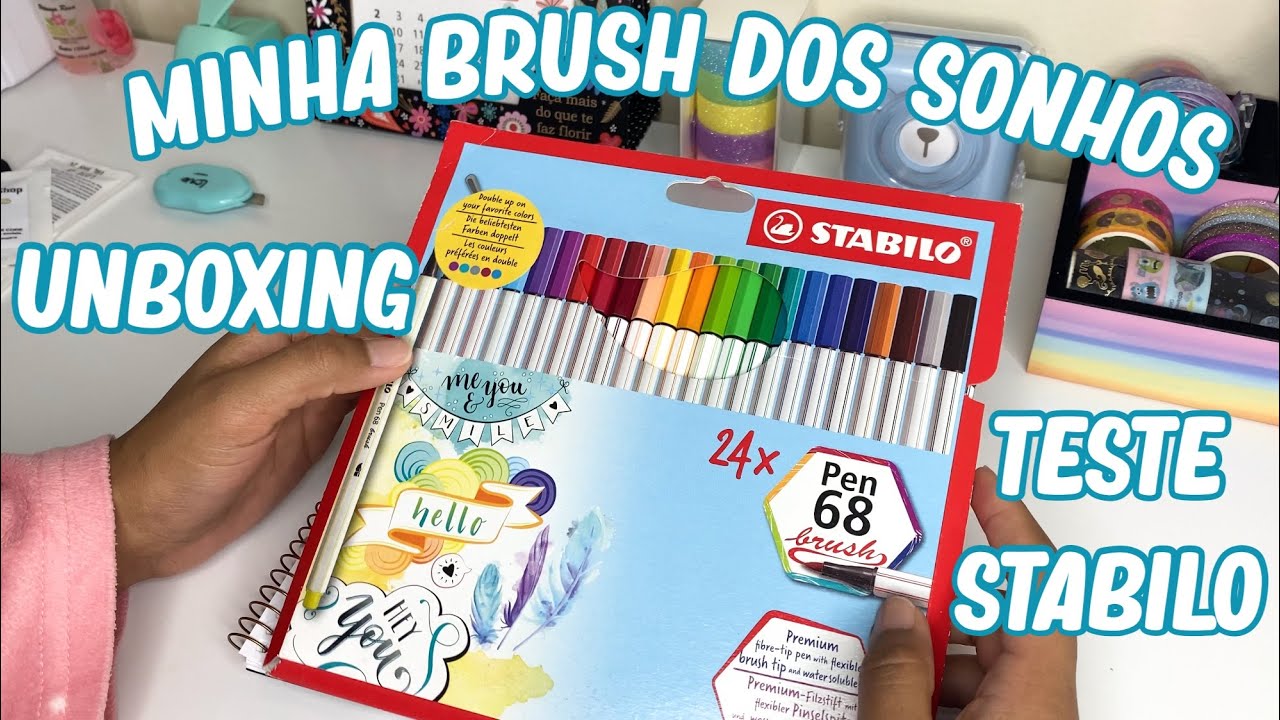 Brush pen stabilo 24 cores kit completo - Unboxing + pen test (meu material escolar dos sonhos)