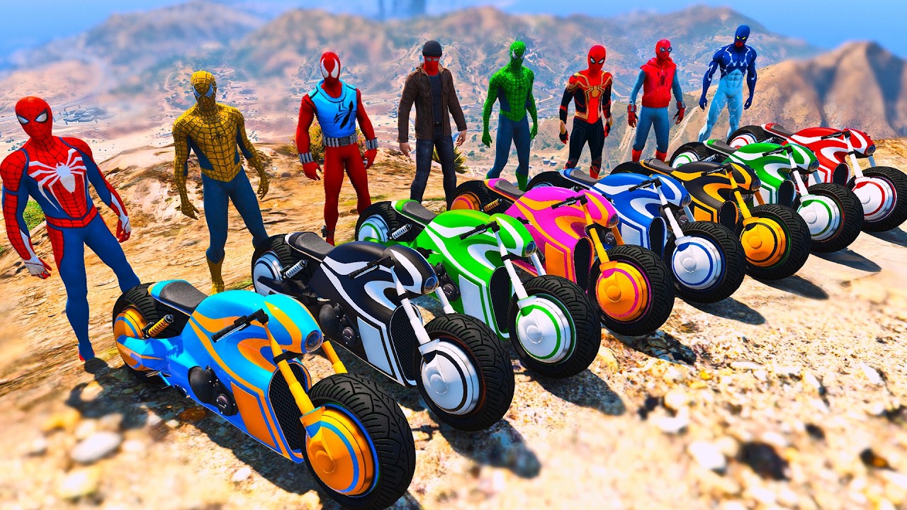 SPIDERMAN ARMY MOTORCYCLES RACING CHALLENGE on MEGA TRACK RAMP, SPIDERMAN TEAM MOTOS RACING - GTA 5