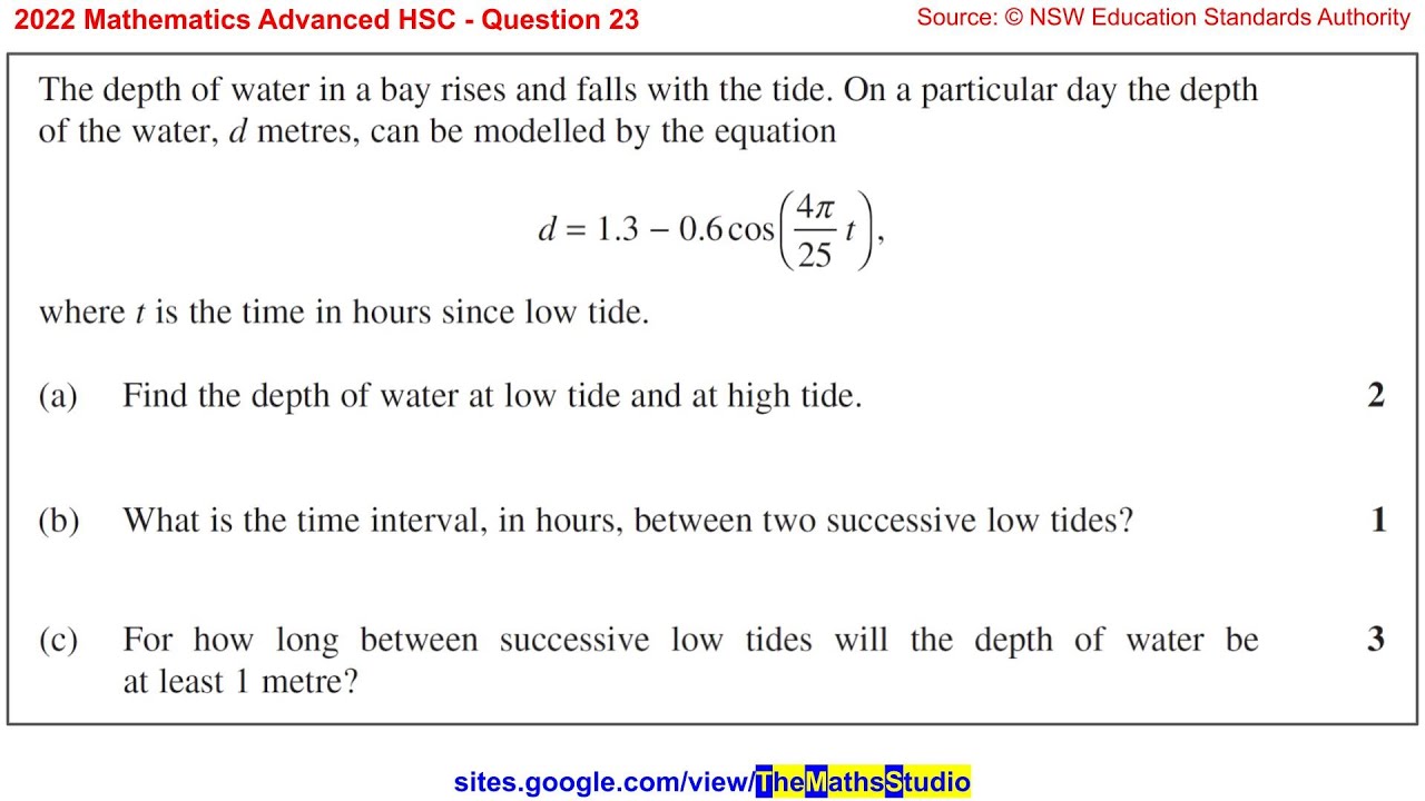 2022 Maths Advanced HSC Q23 Solve tide & water depth problem given cosine trigonometric function