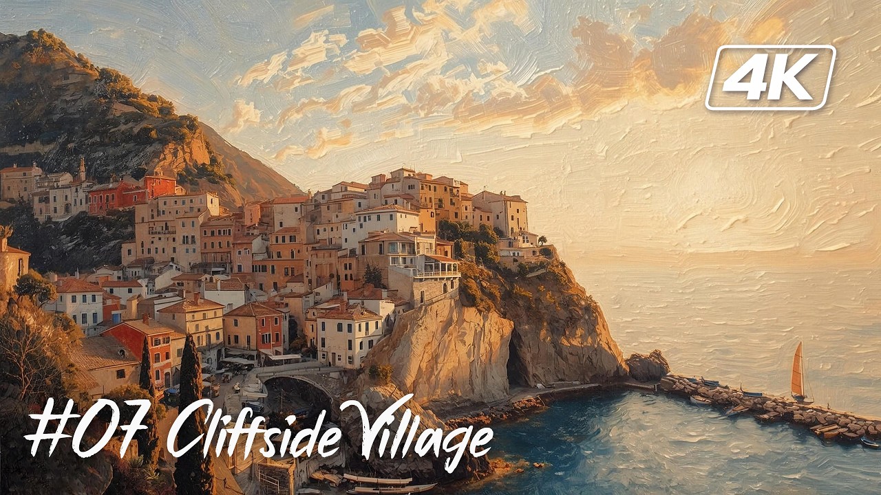 Mediterranean Wall Art #07 | Cliffside Village at Golden Hour | 4K TV Art | 2 Hours