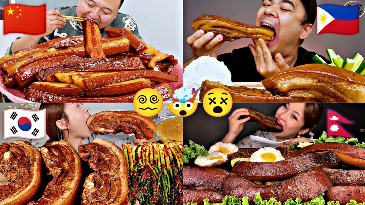 How Mukbangers Around The World Eat EXTREMELY JUICY PORK BELLY🔥🍖🤤