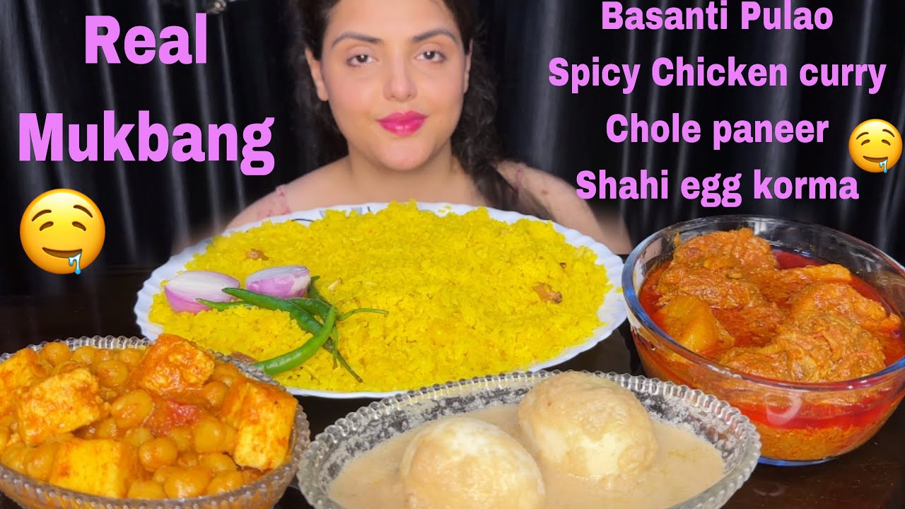 Eating Basanti Pulao with Spicy Chicken Curry, Chole Paneer, Shahi Egg Masala| Mukbang Eating Show