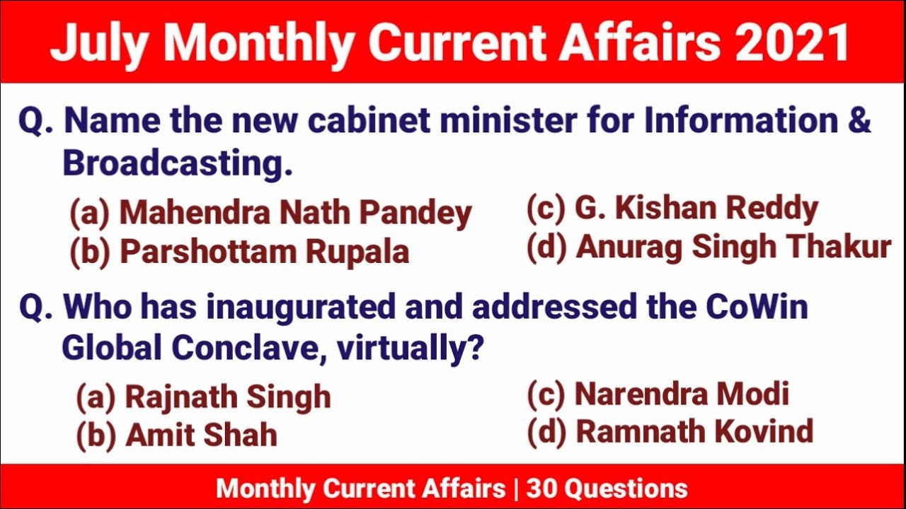 July 2021 Current Affairs Questions & Answers | Monthly Current Affairs | Current Affairs in English