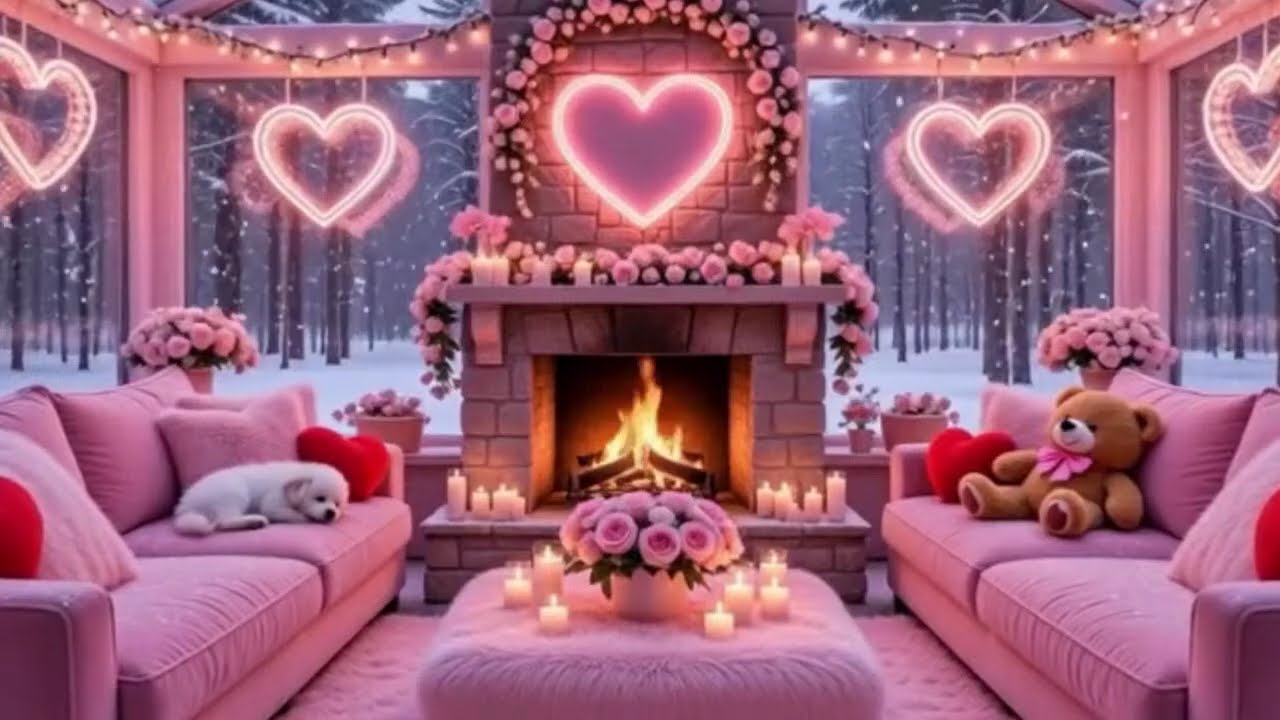 Valentine Cozy Fireplace LIVE 💕🔥 | Snowy Cabin Ambience • Romantic Pink Glow