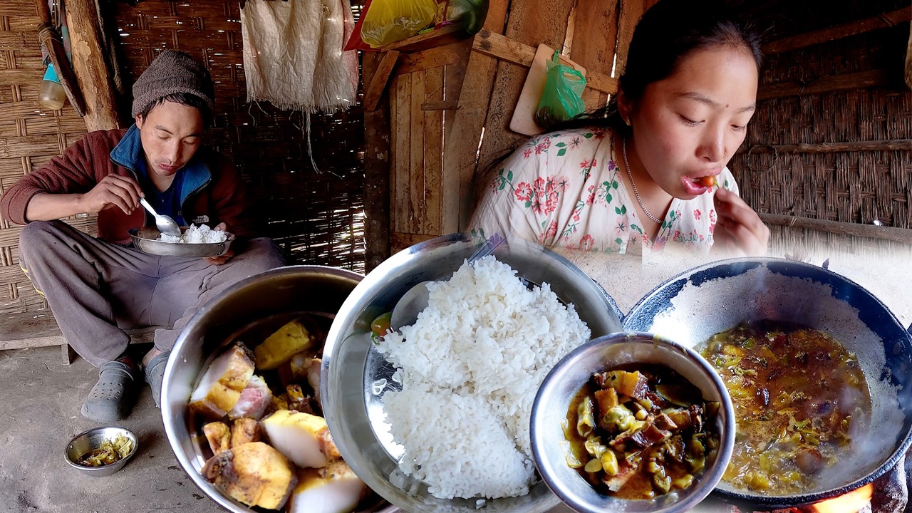 manjita Rai cooks pork beans mix soup curry and rice in lunch for her husband Somuhang ||