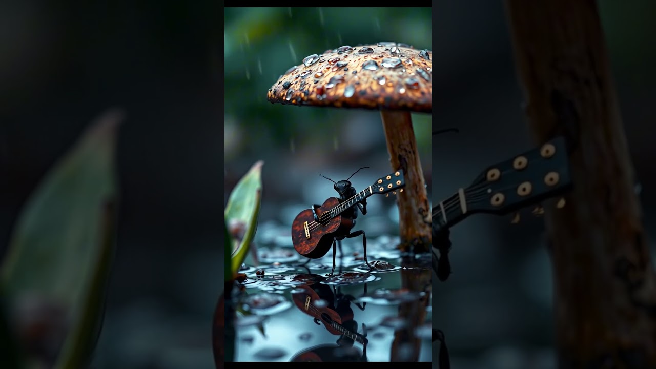 Rainy Day Ant Plays a Soft Guitar Tune Under a Mushroom Umbrella 🌧🐜🎸