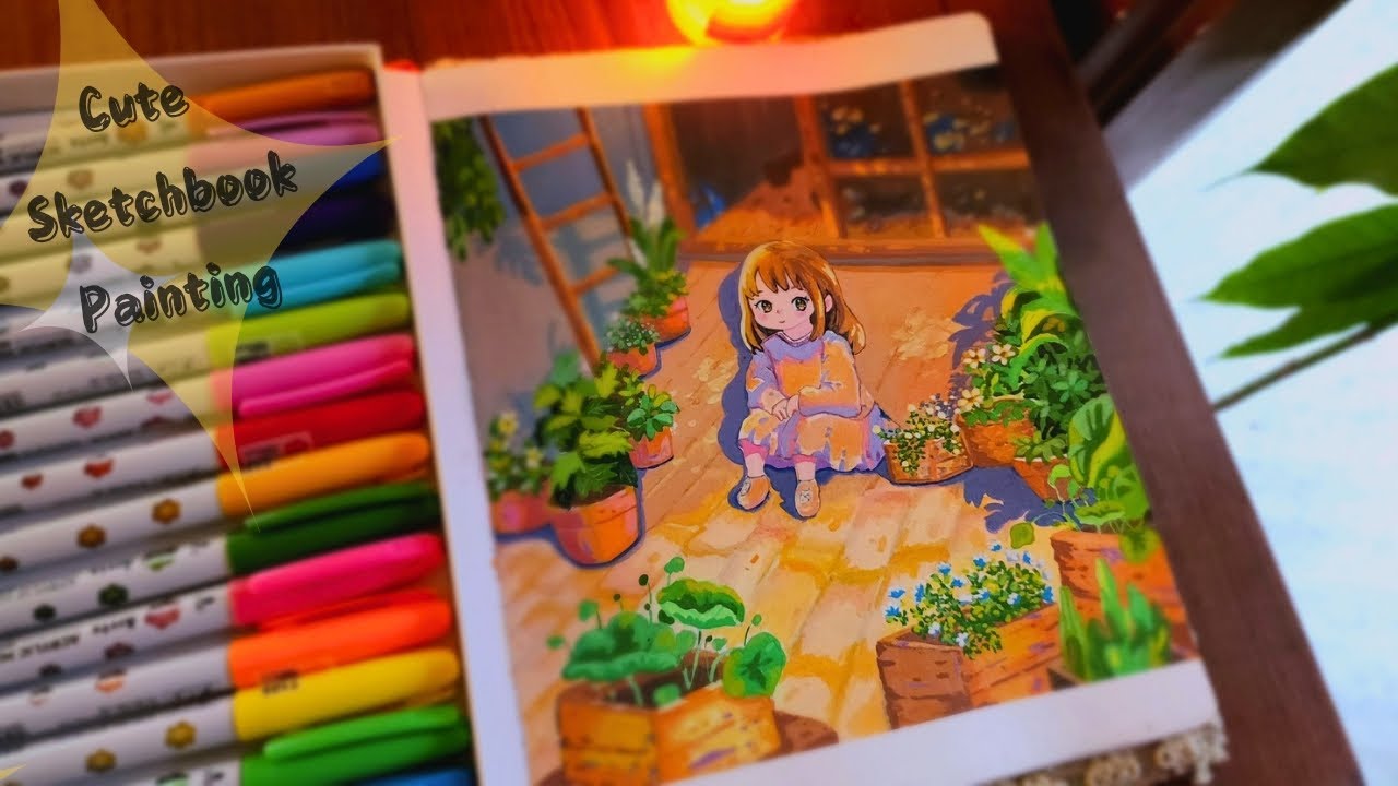 🌳Garden Anime Cute Scene Painting | Sketchbook Acrylic Marker Painting | Cozy Painting Video