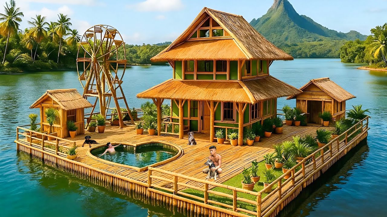 Build Bamboo Houses In The Middle Of A Big river To Catch Fish In The Wild