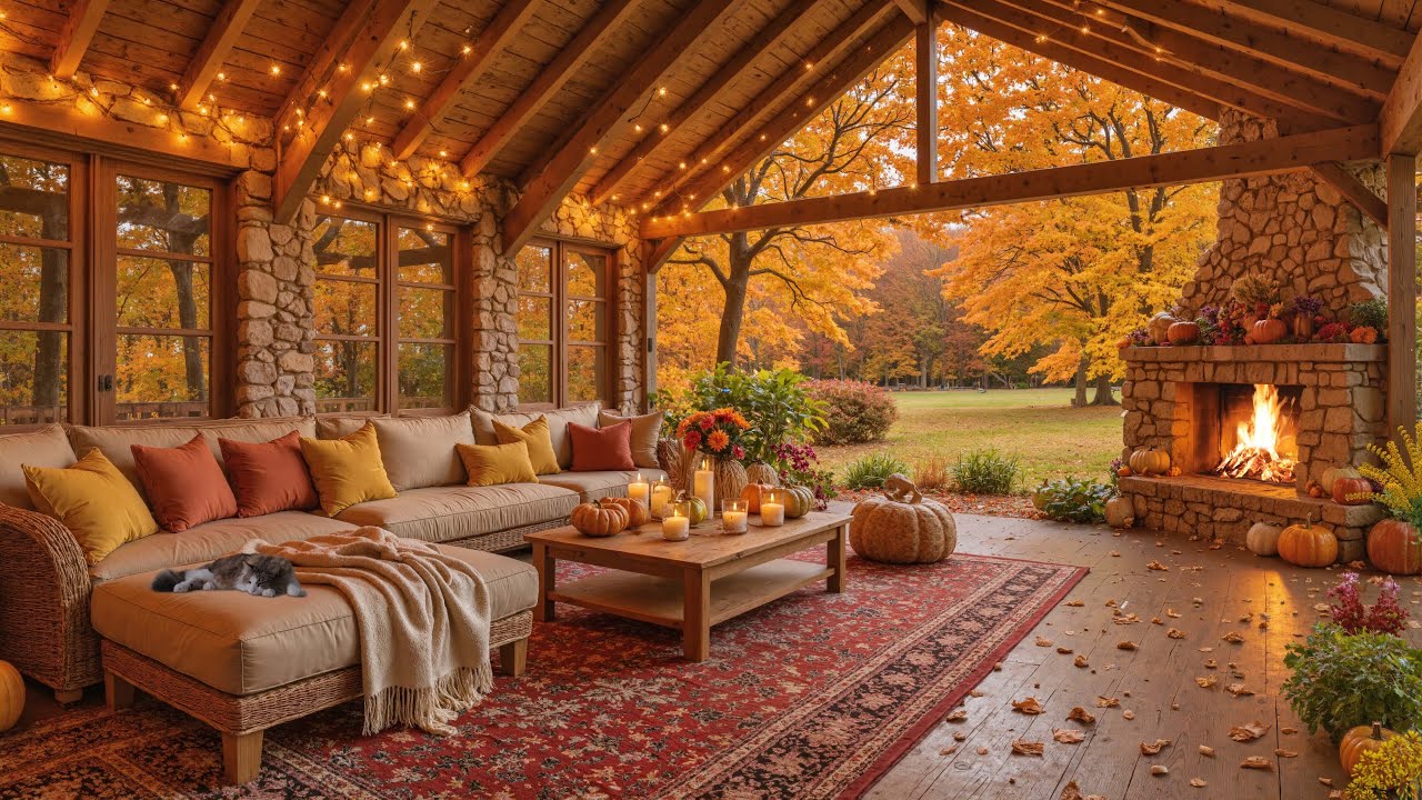 Morning Autumn Porch Ambience 🍁 Relaxing Piano & Crackling Fireplace Sound for Study, Rest & Focus