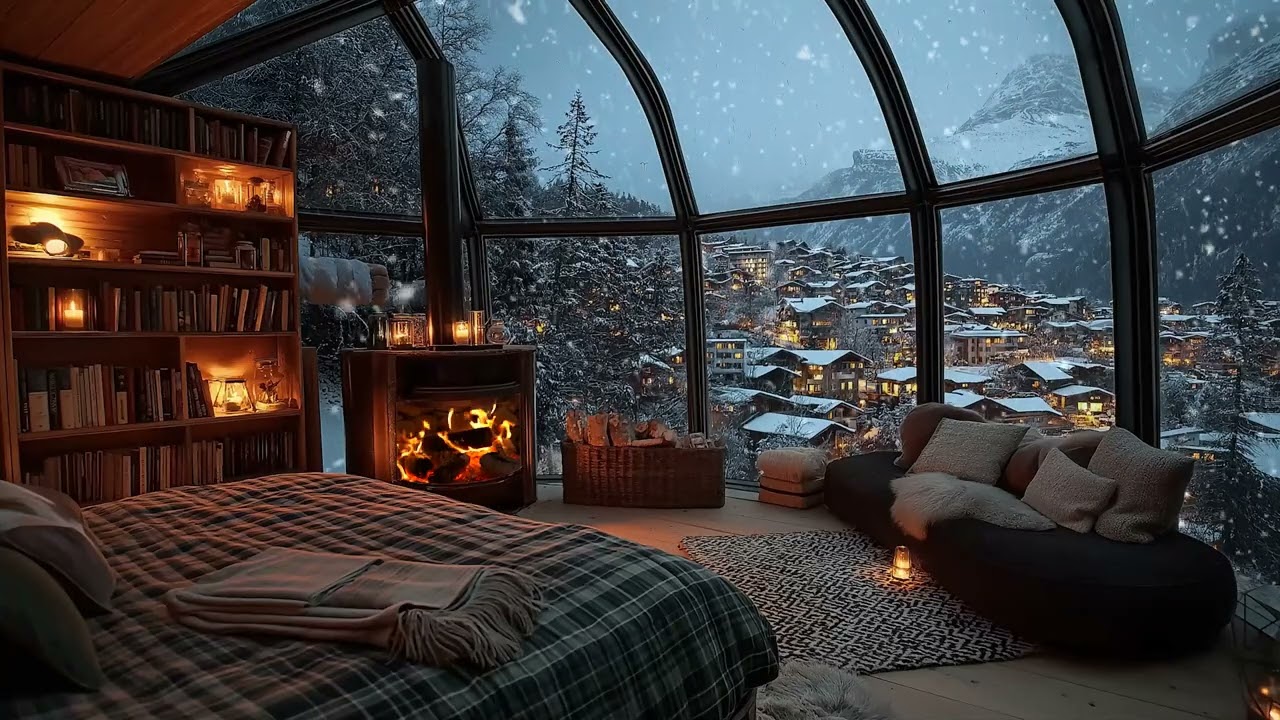 Cozy Snowy Cabin Fireplace ❄️ Warm Winter Ambience for Deep Sleep & Relax
