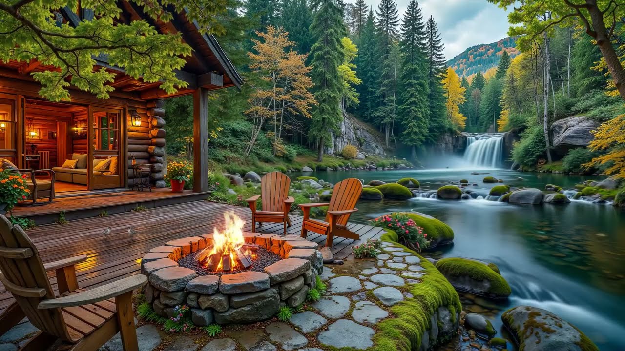 Peaceful Spring Riverside Porch | Forest fire pit, Birds Singing & Healing Piano for Relaxation