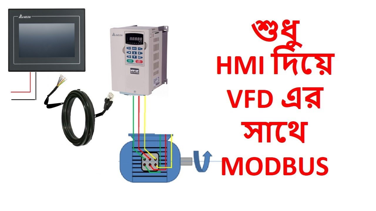 VFD  দিয়ে মোটর কন্ট্রোল, VFD & HMI ModBus System এবং VFD প্যারামিটার কন্ট্রোল করুন HMI দিয়ে।
