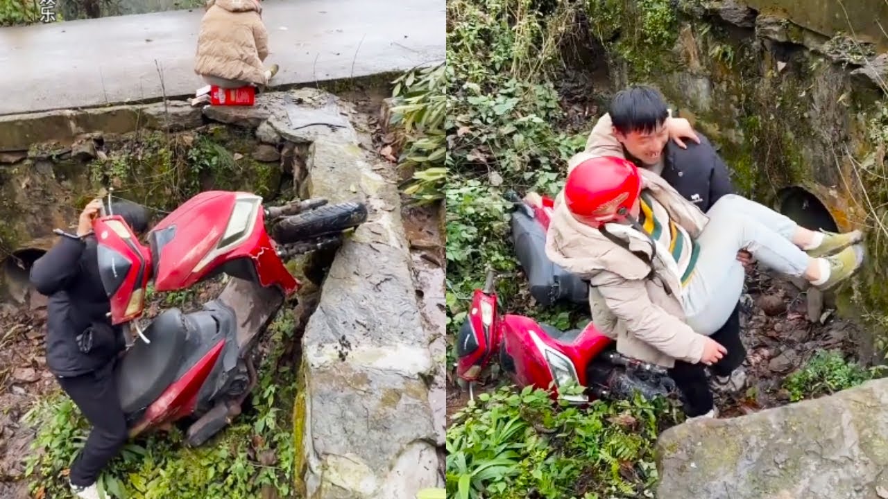 A Woman Riding A Motorcycle Accidentally Fell Into A Ditch, And Kind People Came To H#positiveenergy