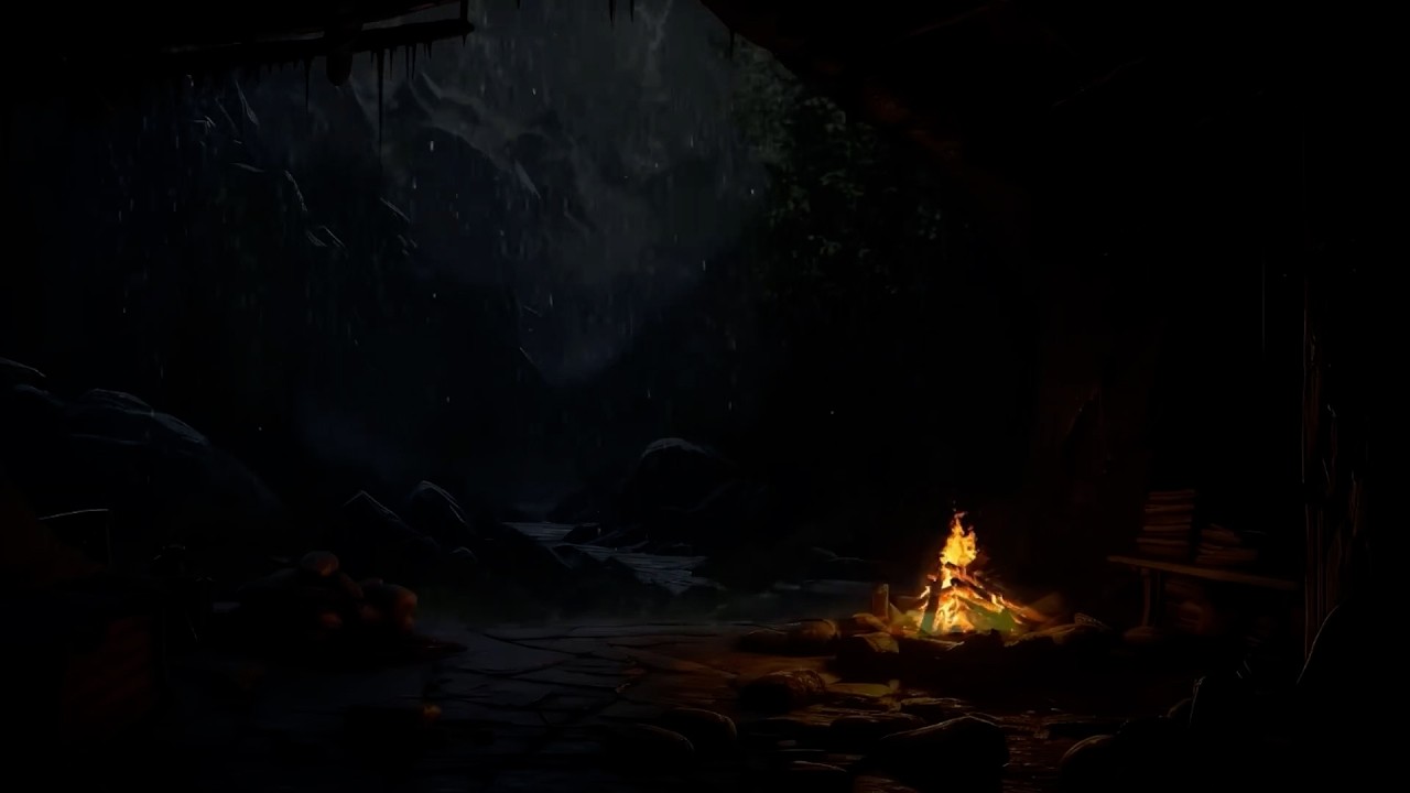 Cozy Cave Escape 🌧️ Rain, Fireplace & Thunderstorm Sounds for Instant Sleep on a Stormy Night 😴