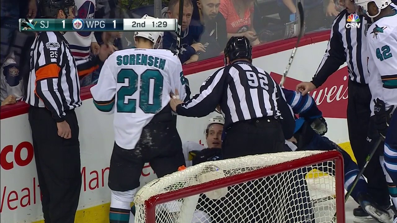Byfuglien causes a train wreck by hitting three guys at once
