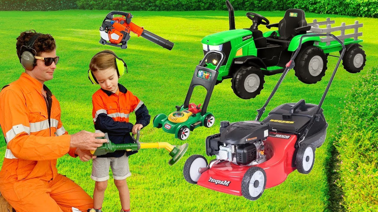 Lawn mowing Tools for Kids | Leaf blower weed eater blippi toddler mows lawn  #lawnmower #blippi