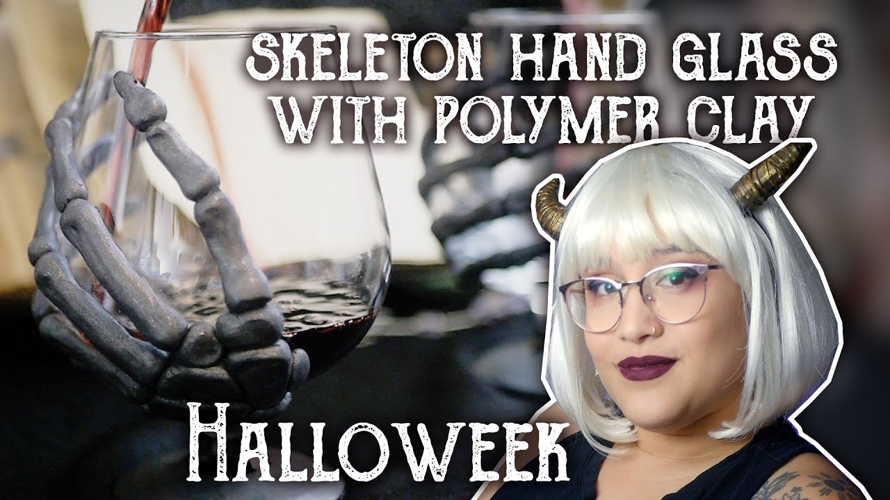 ･ﾟ✧Halloweek - Skeleton Hand Glass with Polymer Clay!