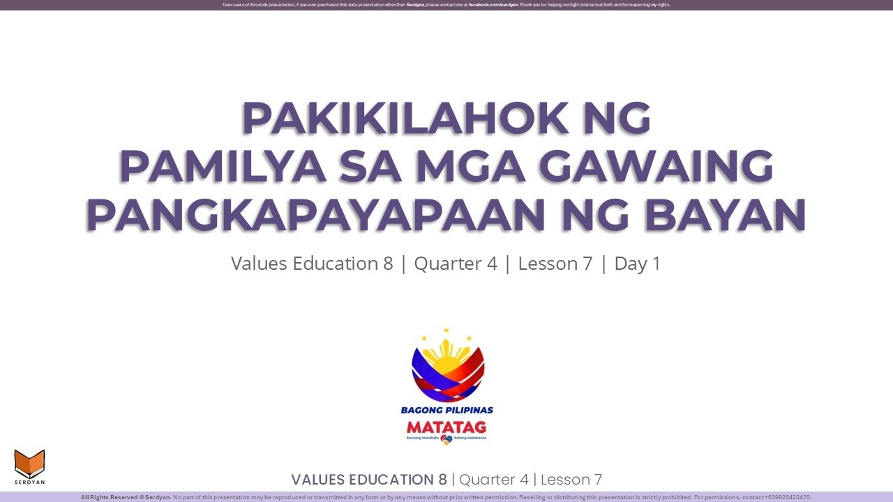 Values Education 8 - Q4W7D1 - Pakikilahok ng Pamilya sa mga Gawaing Pangkapayapaan ng Bayan