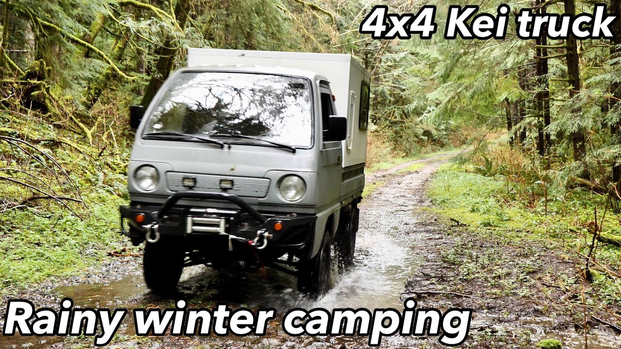 Kei truck 4x4 Camping [Winter car camping in heavy rain storm] #minitruck #keitruck #truckcamping