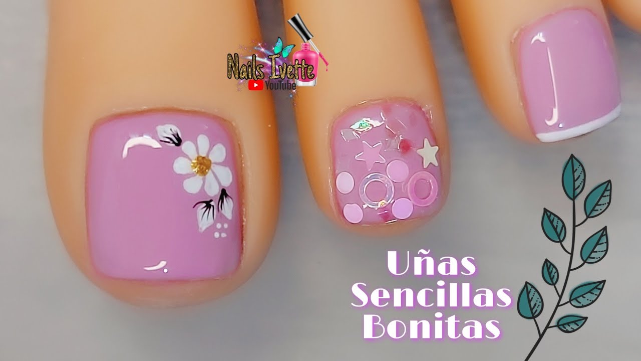 DISEÑO DE UÑAS PARA PIE CON FLOR Y CONFETI ¡muy fácil! DECORACIÓN DE UÑAS PIE CON FLOR SENCILLA