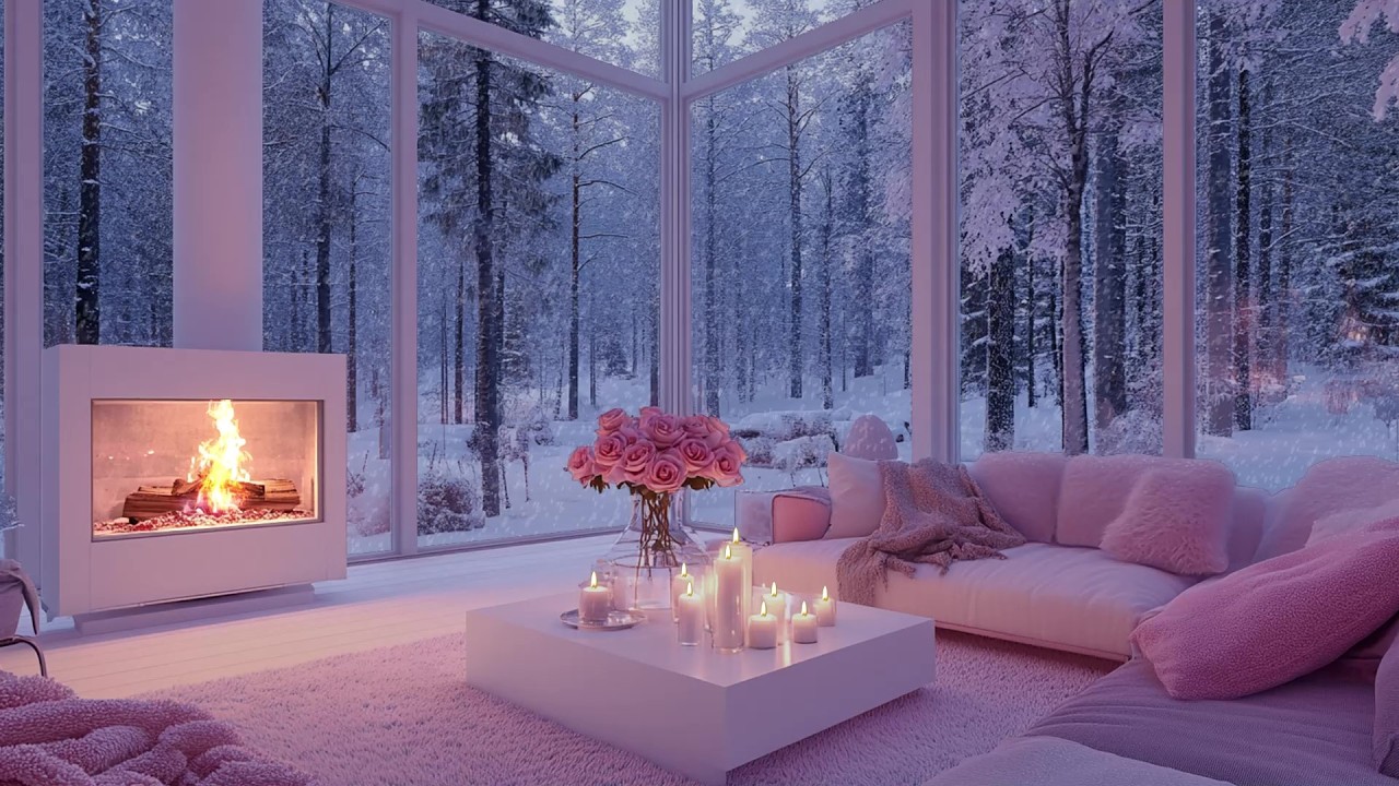 ❄️🎹 Grand Winter Piano Lounge Setting | Snow Outside, Fire & Flowers | Focus Study Calm Sleep