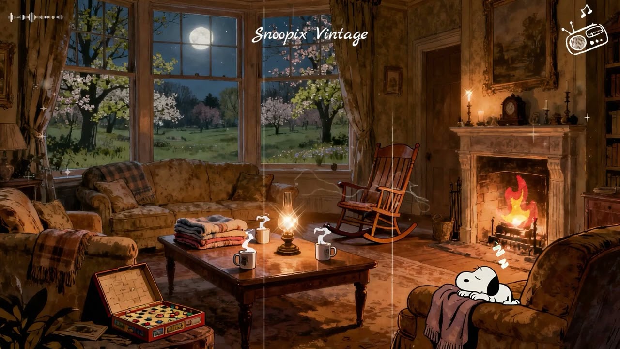 Snoopy’s Cozy Moonlit Night 🌙 | 1940s Vintage Jazz Playing in Another Room | Fireplace Ambience