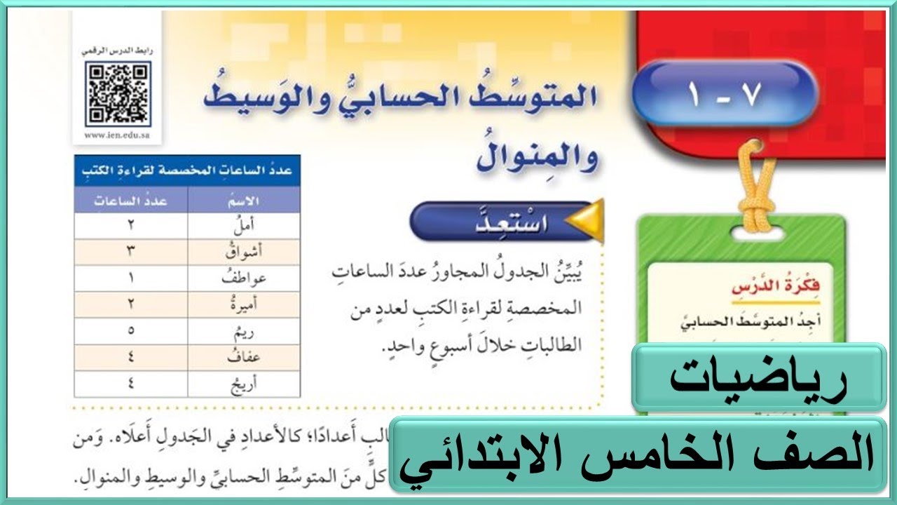 المتوسط الحسابي والوسيط والمنوال رياضيات للصف الخامس الابتدائي