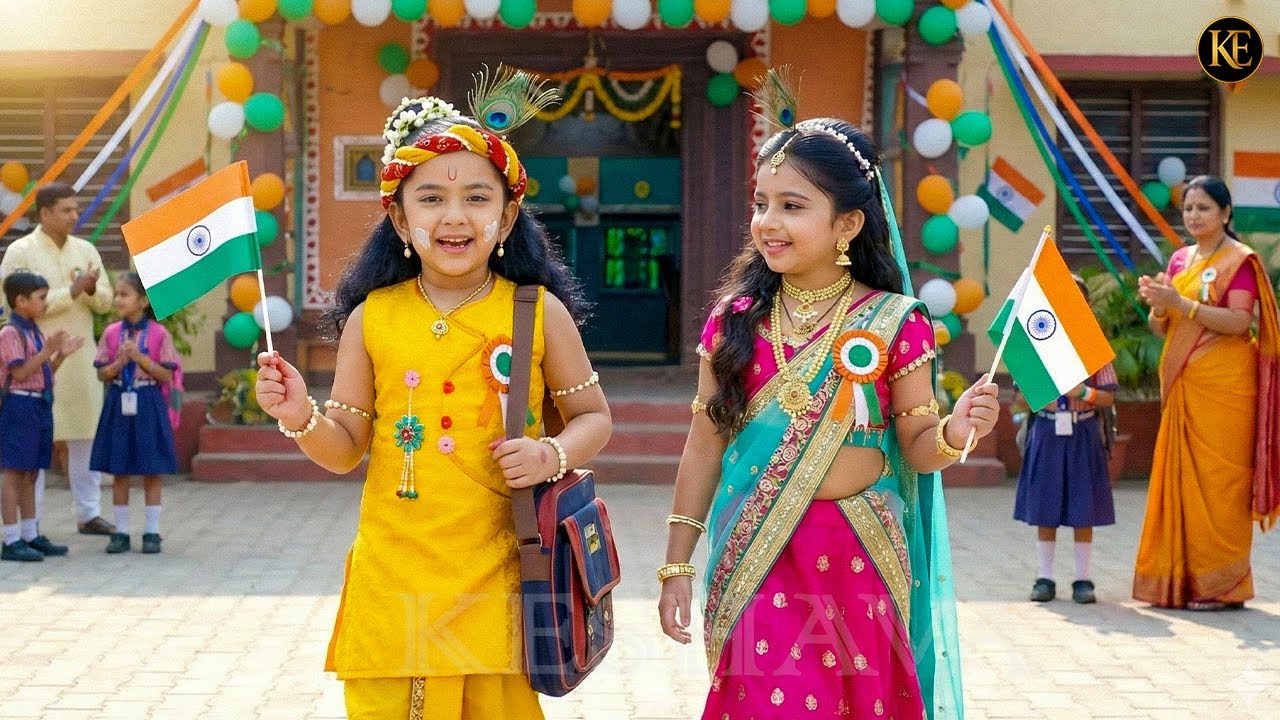 “स्कूल में बाल कान्हा और राधा ने गर्व से फहराया तिरंगा || YMKN  || Shree Krishan leela |