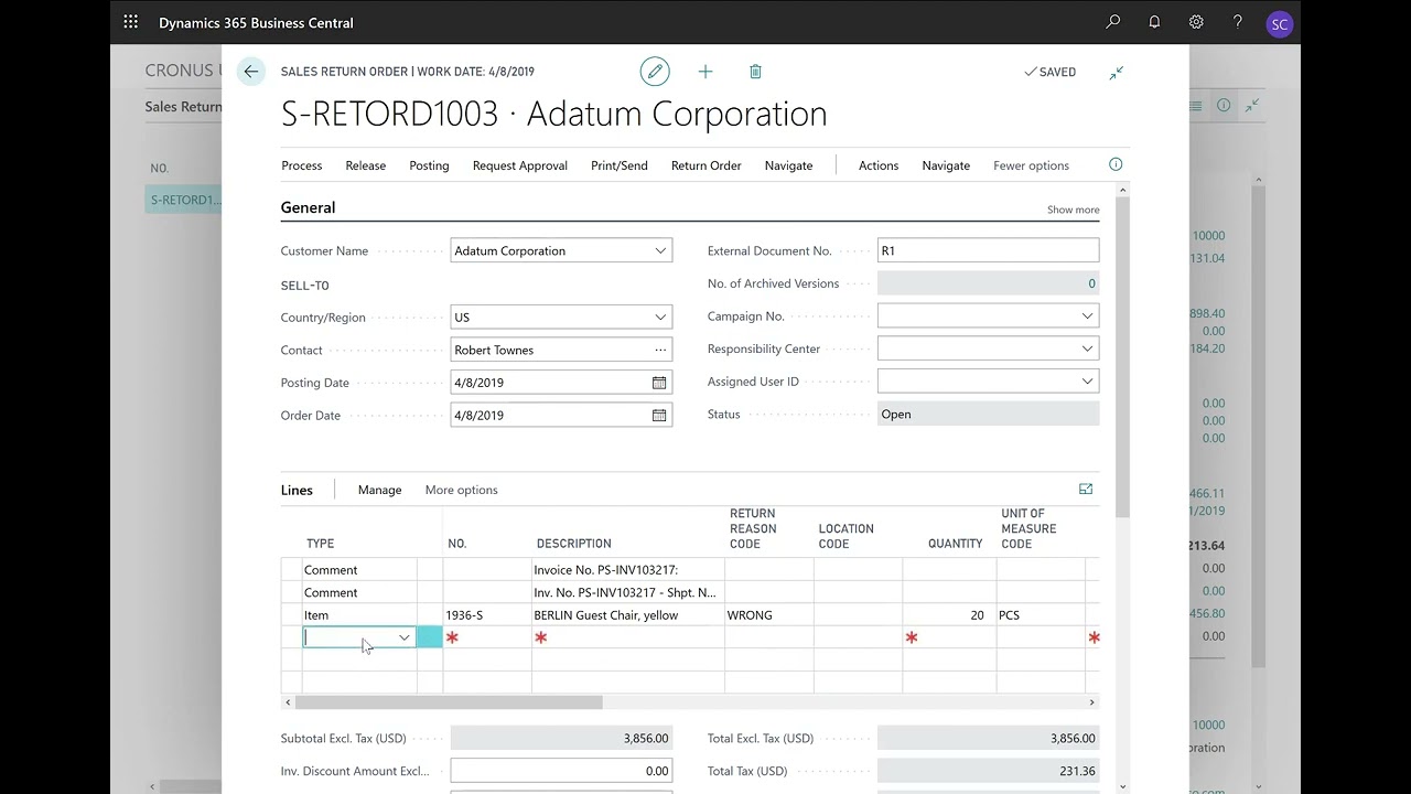 Dynamics 365 Business Central - How to Use a Sales Return Order