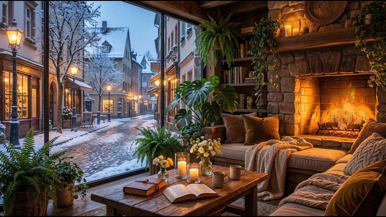 Winter Coffee Shop Ambience ❄️ Soft Jazz Piano & Crackling Fireplace Sounds for Study & Focus