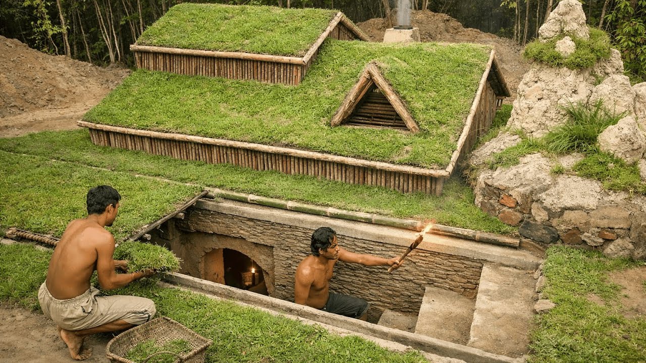 Building underground hut with grass roof & fireplace with clay