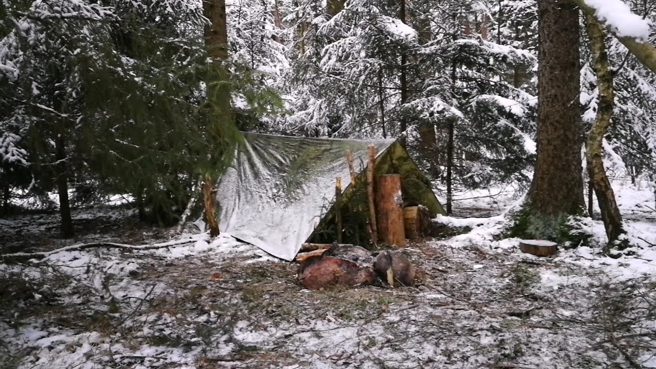 24h Alone in the Winter Forest - Solo Overnight Tarp Shelter, cooking with a pan
