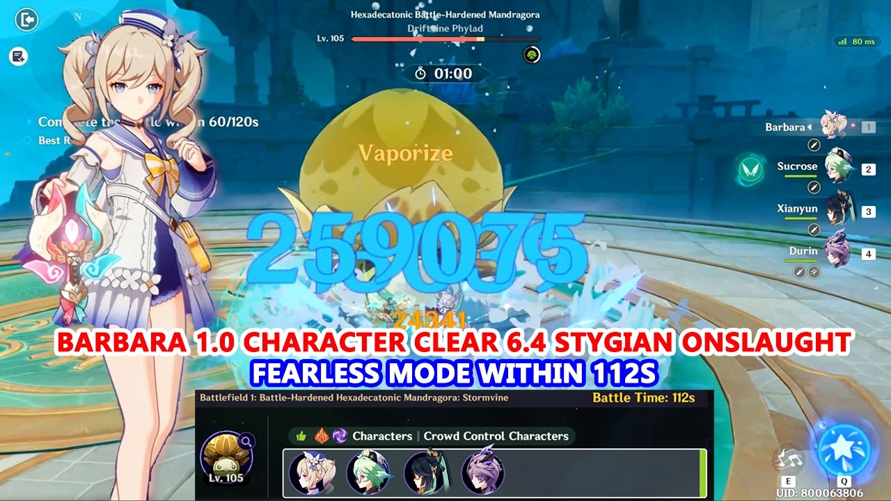 Barbara 1.0 Character Clear 6.4 Stygian Onslaught Fearless Mode within 112s