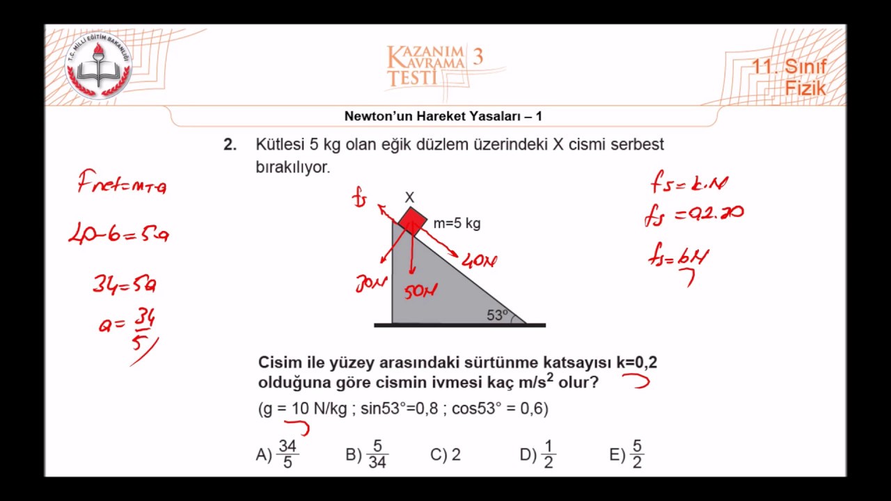 11.Sınıf MEB Fizik Kazanım Kavrama Testi-3 (Newtonun Hareket Yasaları-1) [2020-2021] +PDF