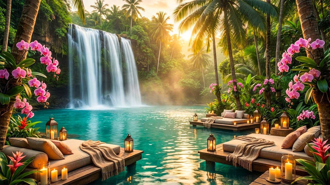Hidden Villa Escape | Gentle Waterfall, Firepit Relaxation, and Morning Birdsong for Calmness