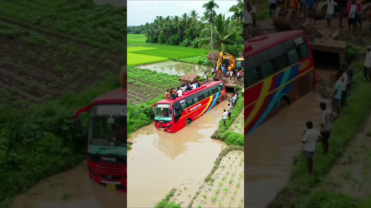 Shocking Rural Bus Mishap | Bus Falls into Muddy Drain | Rescue Operation by Villagers & Jcb