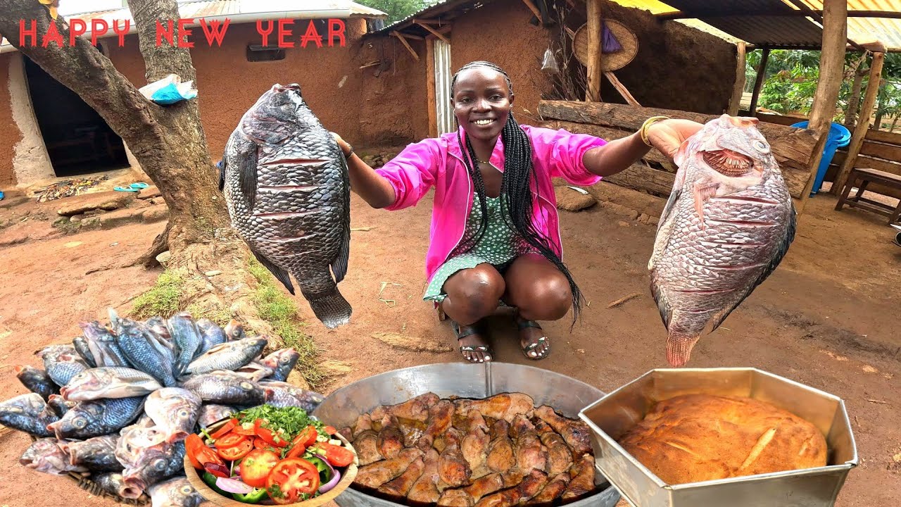 African Village Simple Beginning of 2026 With Family & Neighbours|Roasted Chicken Fried Fish& Bread 