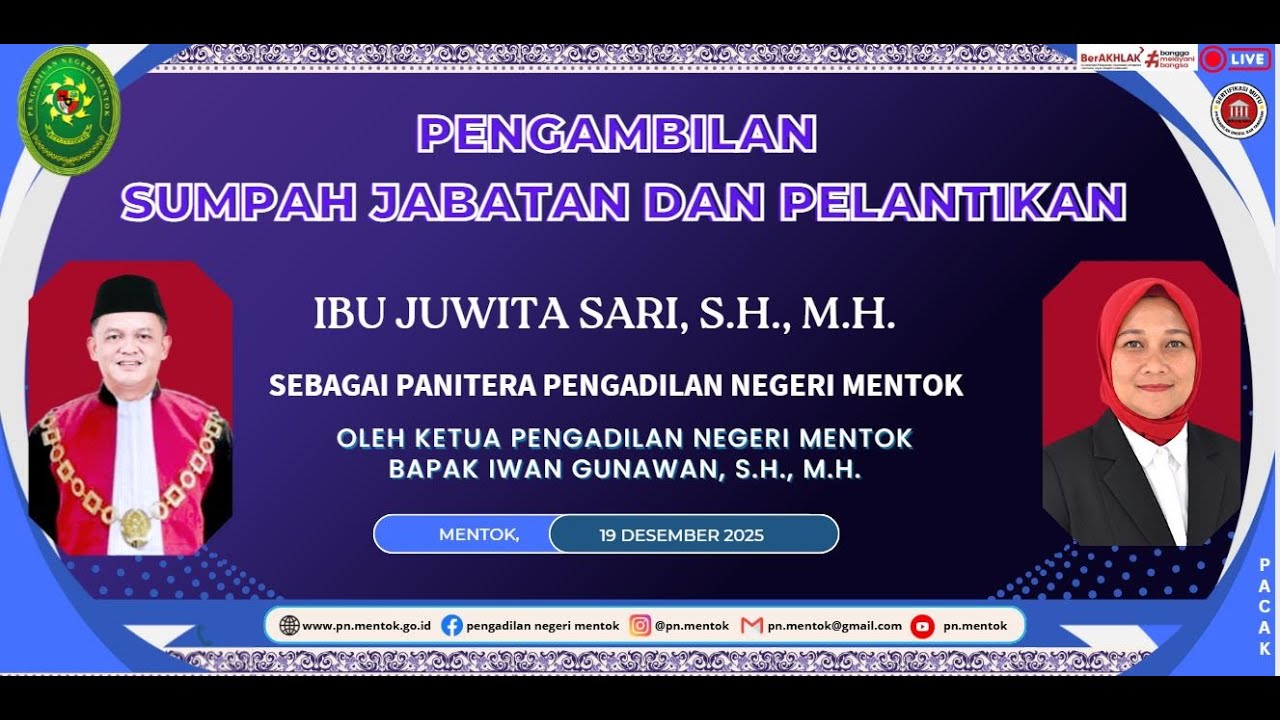 PENGAMBILAN SUMPAH JABATAN DAN PELANTIKAN PANITERA PENGADILAN NEGERI MENTOK