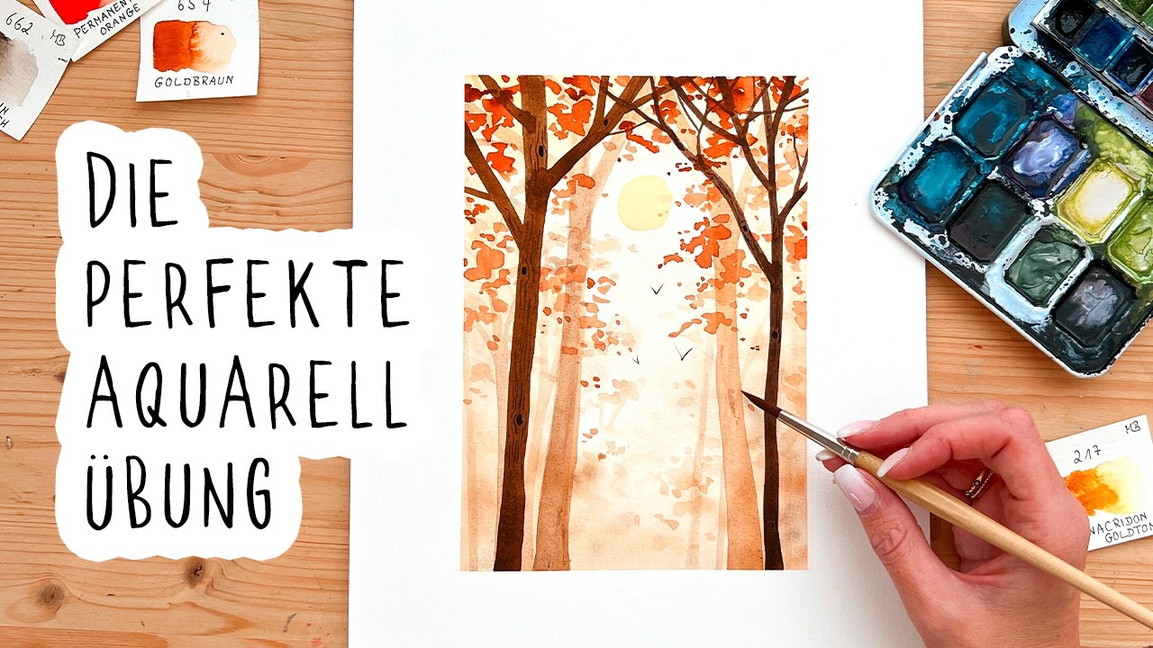 Aquarell B&auml;ume Schritt f&uuml;r Schritt erkl&auml;rt - Herbstwald malen 🍂