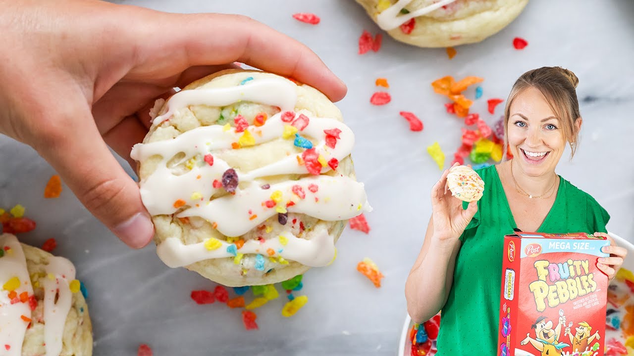Cookies Full of Fruity Pebbles with a Cereal Milk Glaze