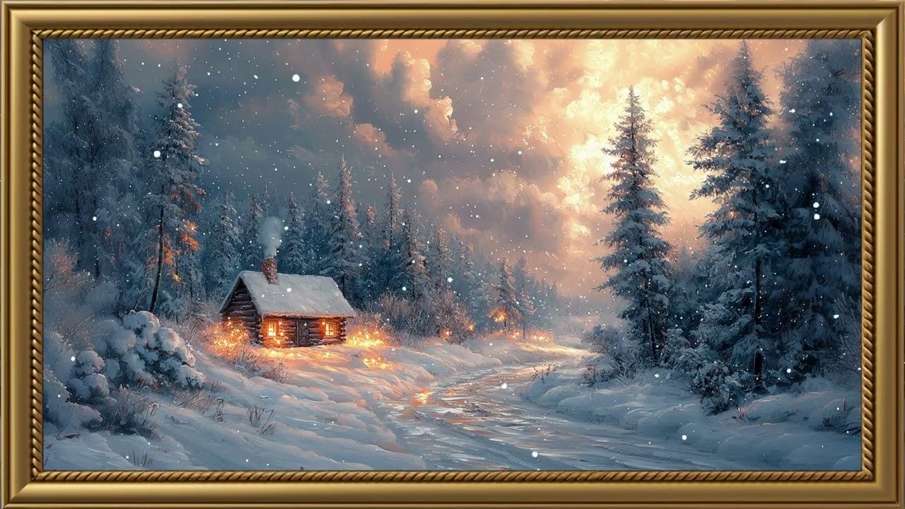 Vintage Whispering Pines in Winter Painting | Gold Frame TV Art | Art Screensaver for TV | Wallpaper