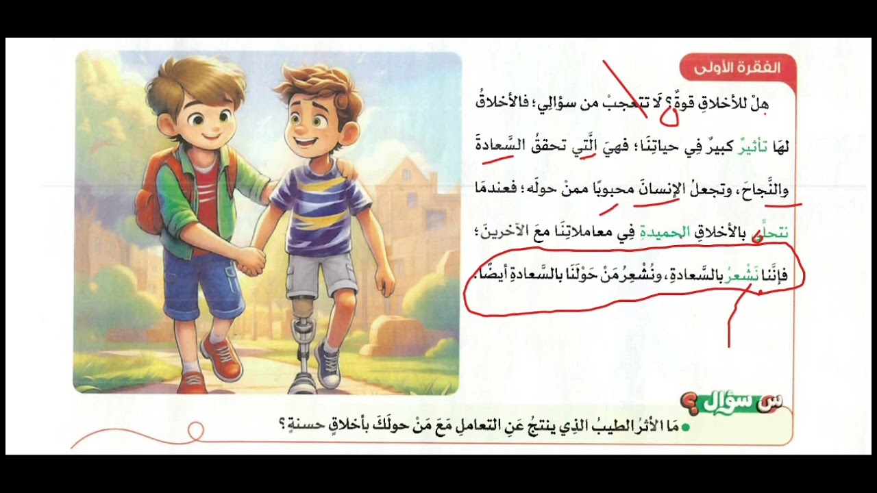 شرح درس الاول من الوحدة الثانية نص الاستماع (قوة الاخلاق في حياتنا)  للصف الرابع الابتدائي ترم اول.
