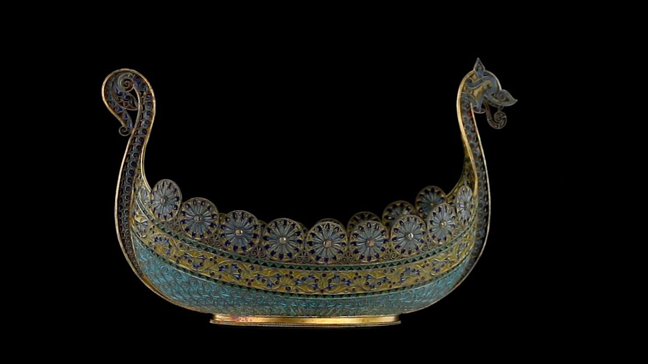 ANTIQUE 19thC NORWEGIAN SOLID SILVER & PLIQUE-A-JOUR ENAMEL VIKING BOAT c.1890