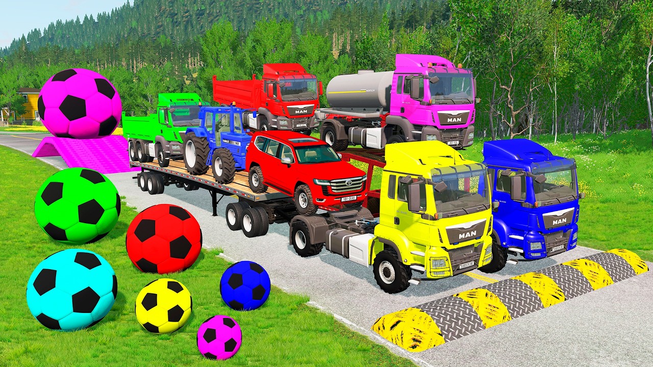 Flatbed Trailer McQueen Transportation with Truck - Speedbumps vs Cars vs Train - BeamNG.Drive #34