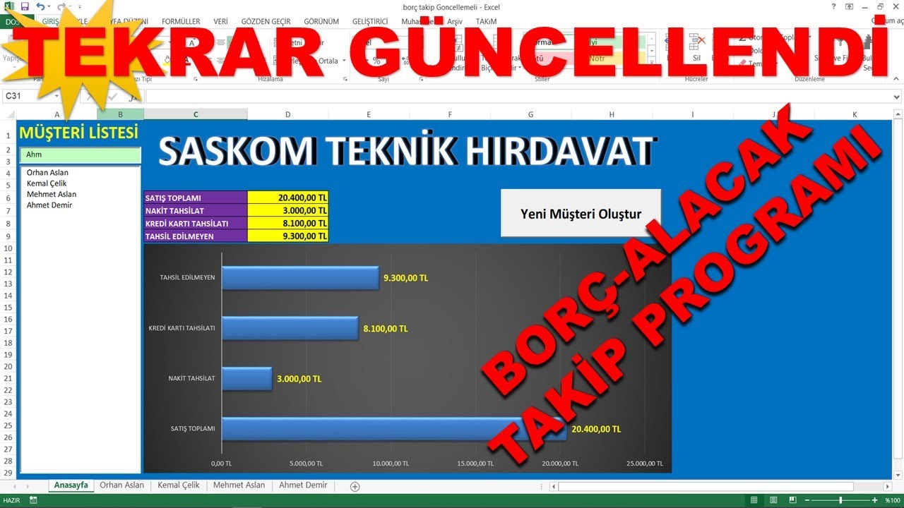 Excel Borç alacak takip programı ( MÜŞTERİ RAPORU -GÜNLÜK ÖDEMESİ OLAN MÜŞTERİ LİSTESİ EKLENDİ)