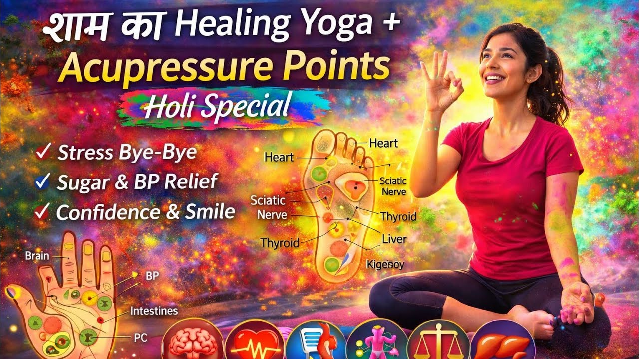 🌈 Holi Special Evening Yoga | Acupressure Points + हास्य मुद्रा | Stress, BP, Sugar Relief | Smile