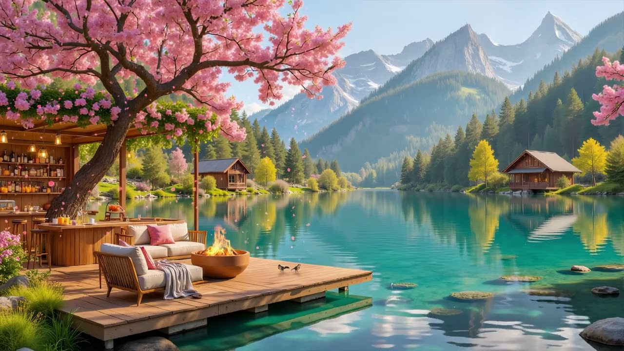 Lakeside Café in Norway 🌸 Relaxing Piano | Spring Morning in March ☕ Relax, Read, Sleep